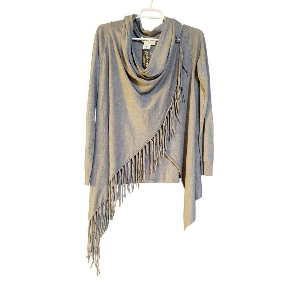 Love Stitch Shawl Poncho Women's L Fringe Cowl Neck Gray Button Closure Cochella